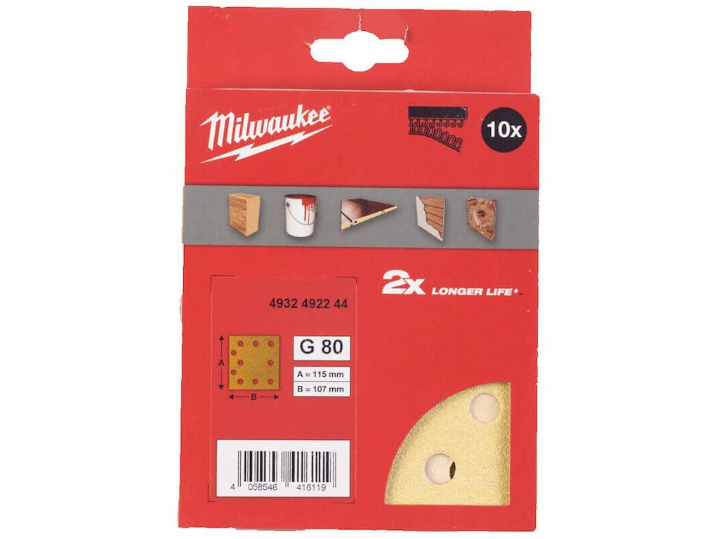 Slibepapir HP 115×107mm m/10 huller K80, 10stk Milwaukee