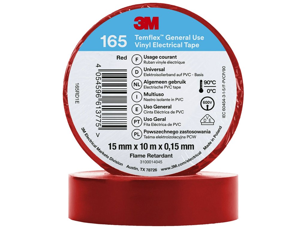 3M Temflex 165 el-vinyltape 15mm×10m rød