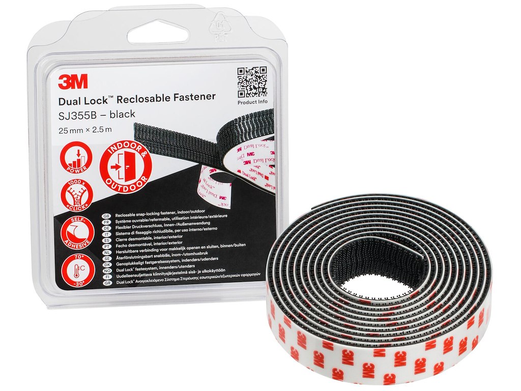 Burretape Dual-Lock SJ355B sort 25mm × 2,5mtr 3M