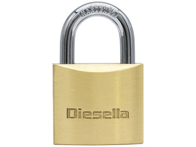 Hængelås 50mm, messinghus/stålbøjle, 3 nøgler Diesella