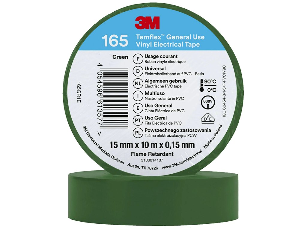 3M Temflex 165 el-vinyltape 15mm×10m grøn