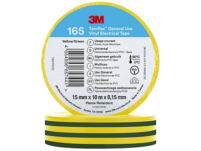 3M Temflex 165 el-vinyltape 15mm×10m grøn/gul