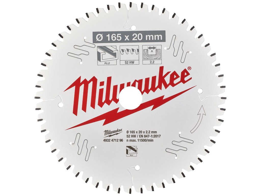 Rundsavklinge PAlu 165×20×2,2mm 52TF neg Milwaukee