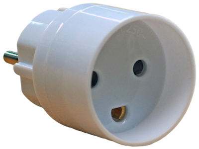 Adapter 230V, Schuko pind-jord til DK m/jord, IP20